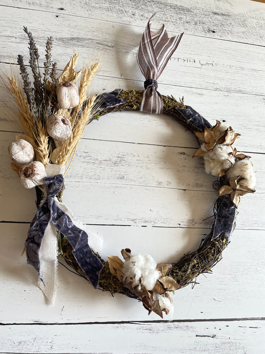 Lavender and Cotton Dried Flowers wreath